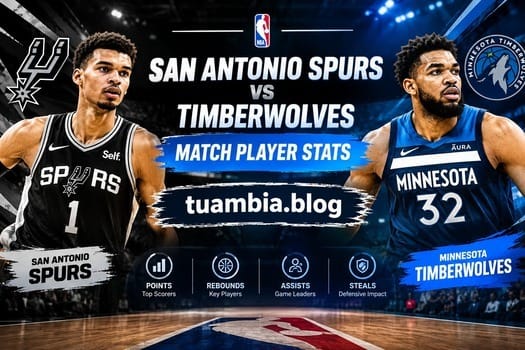 San Antonio Spurs vs Minnesota Timberwolves match player stats featured graphic with basketball players and team matchup.