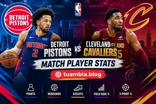 Detroit Pistons vs Cleveland Cavaliers Match Player Stats featuring NBA players and team matchup graphics